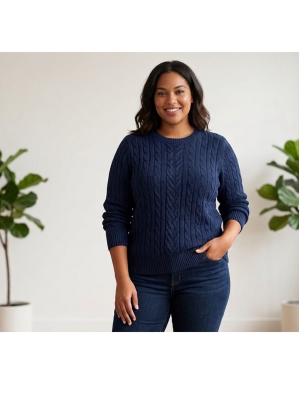 NWT Lands' End Navy Drifter Cable Knit Crewneck Sweater Plus Size